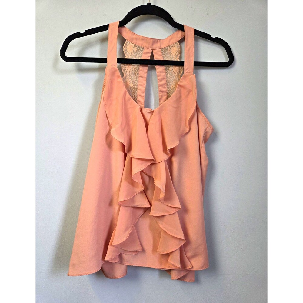 Lauren Conrad Lace Back Ruffle Tank Top Blouse Womens XS Pink Feminine Coquette
